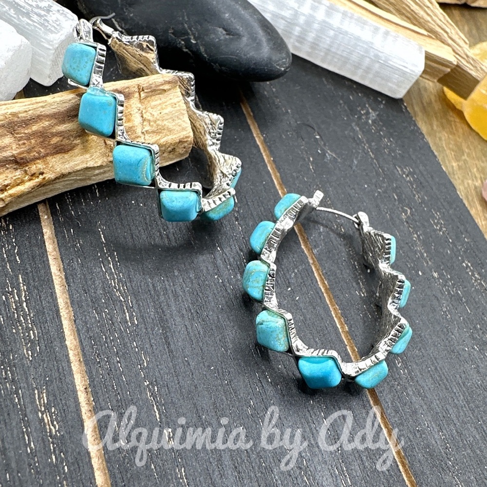 Turquoise Statement Silver Hoops Earrings - image 1